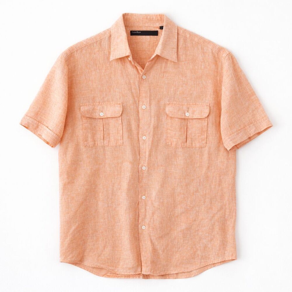 Perry Ellis Linen Shirt Size XL Button Down Short Sleeve Pockets Peach Woven Men